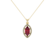 Marquise cut raspberry red gemstone pendant, yellow gold French pavé halo setting.