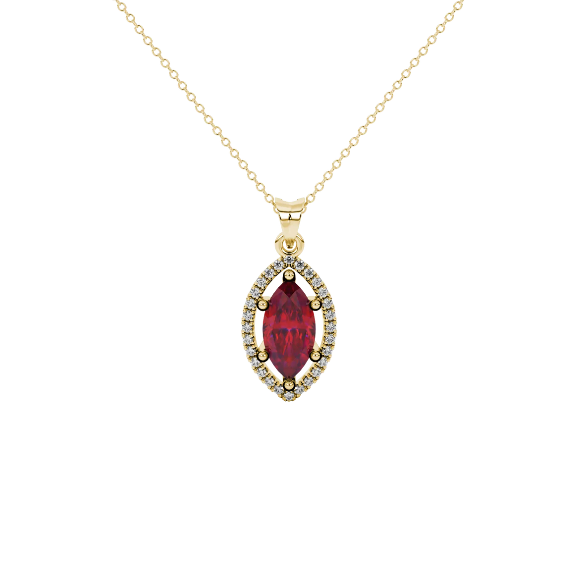 Marquise cut raspberry red gemstone pendant, yellow gold French pavé halo setting.