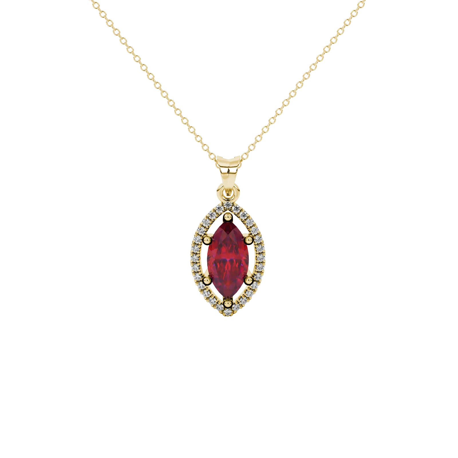Marquise cut raspberry red gemstone pendant, yellow gold French pavé halo setting.