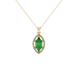 Marquise cut emerald green gemstone pendant, yellow gold French pavé halo setting.