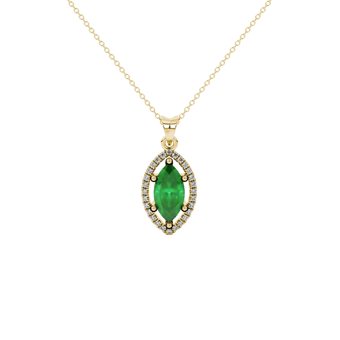 Marquise cut emerald green gemstone pendant, yellow gold French pavé halo setting.