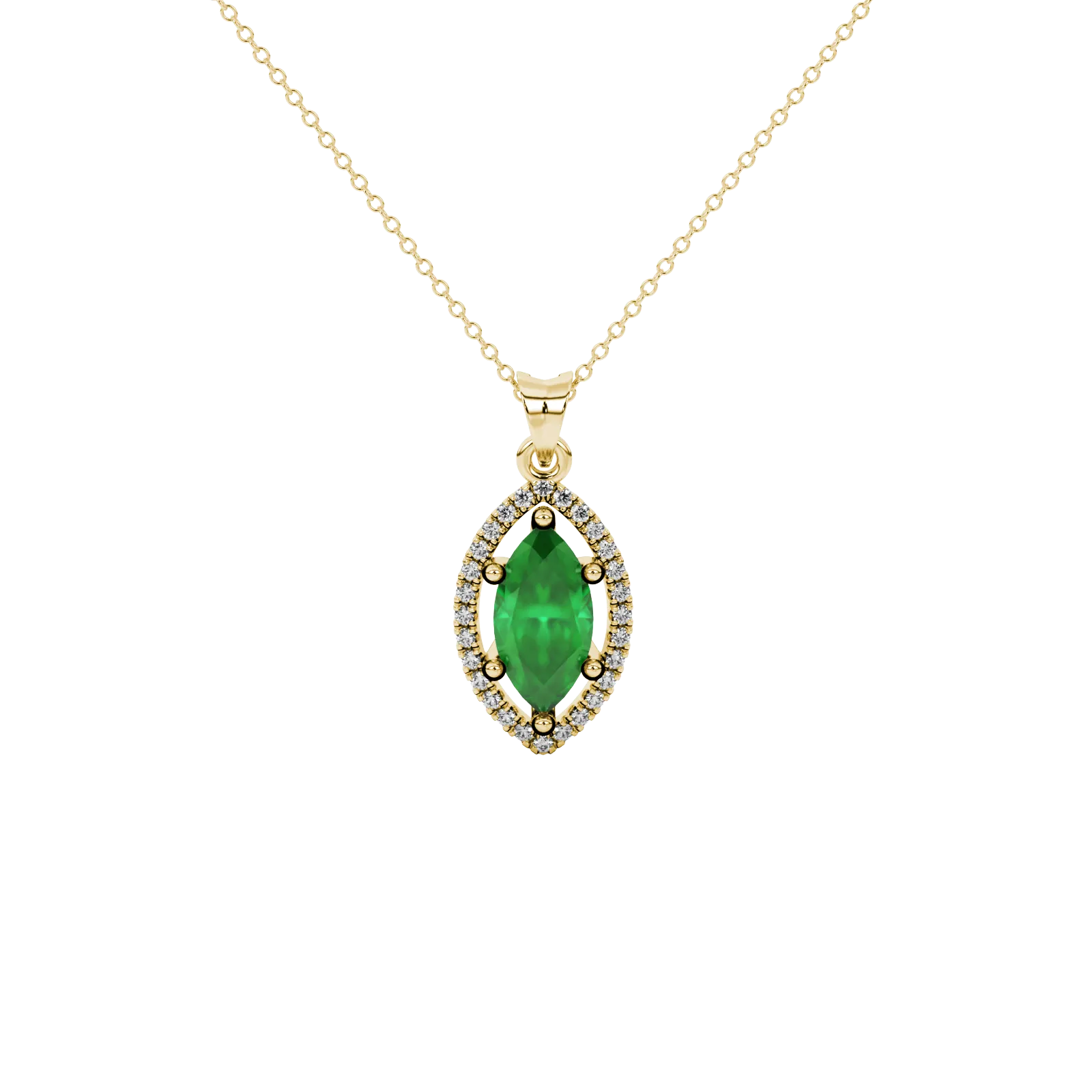 Marquise cut emerald green gemstone pendant, yellow gold French pavé halo setting.
