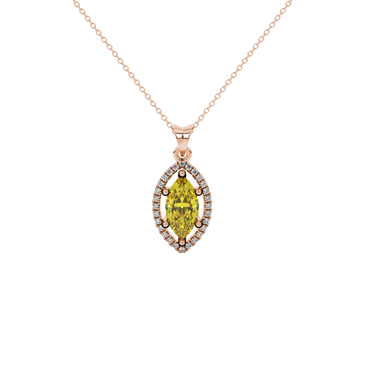 Marquise cut canary yellow gemstone pendant, rose gold French pavé halo setting.