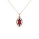 Marquise cut raspberry red gemstone pendant, rose gold French pavé halo setting.