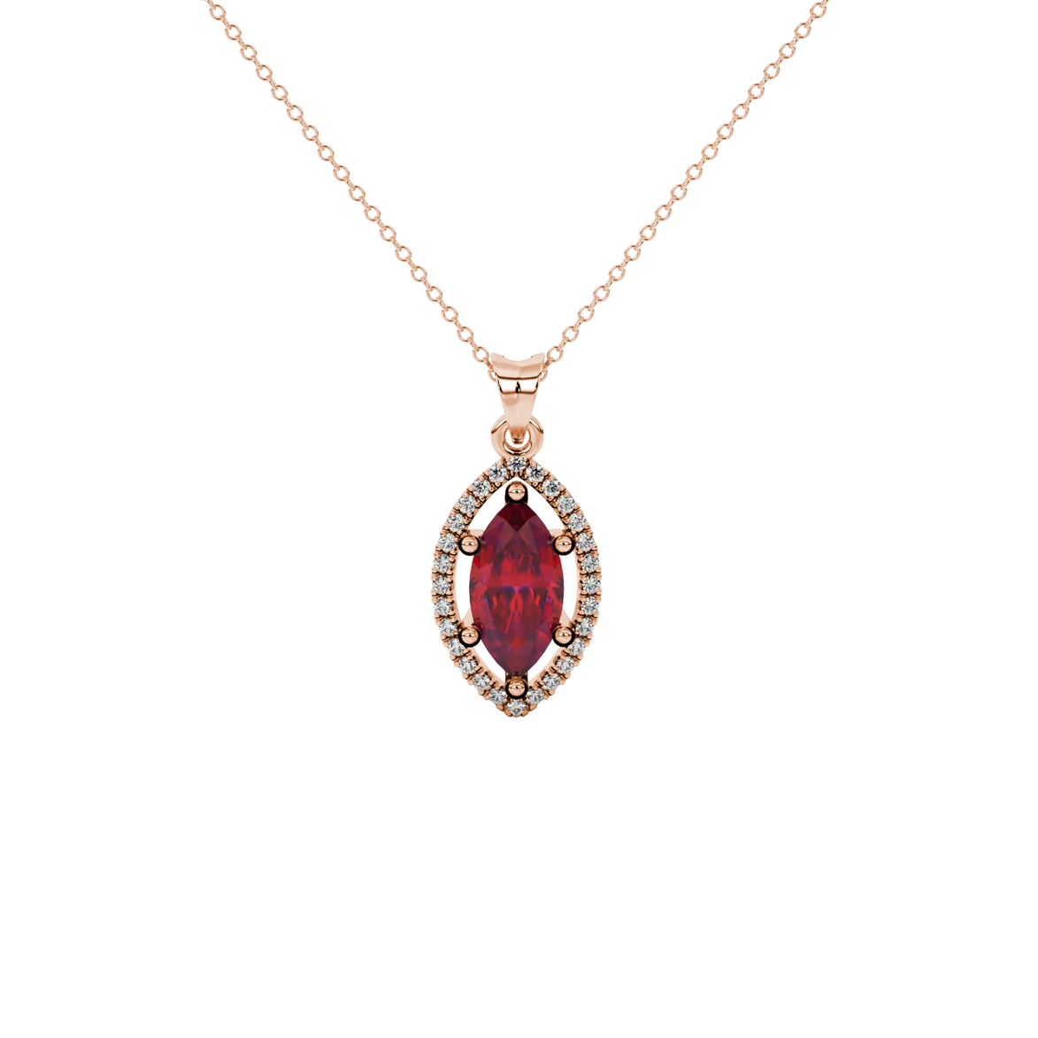 Marquise cut raspberry red gemstone pendant, rose gold French pavé halo setting.