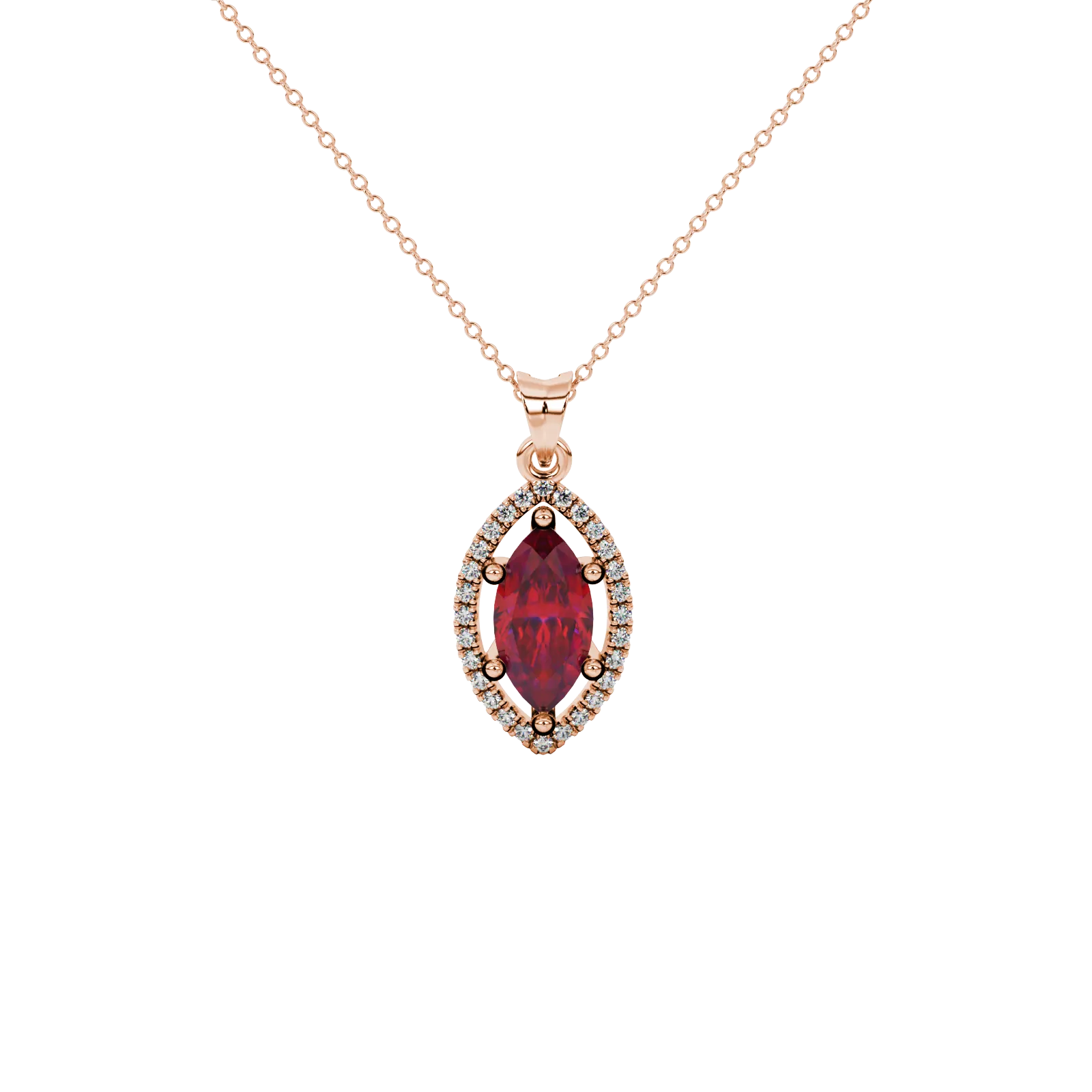 Marquise cut raspberry red gemstone pendant, rose gold French pavé halo setting.