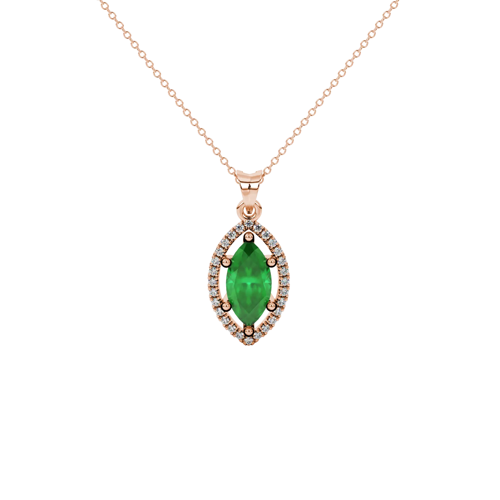 Marquise cut emerald green gemstone pendant, rose gold French pavé halo setting.