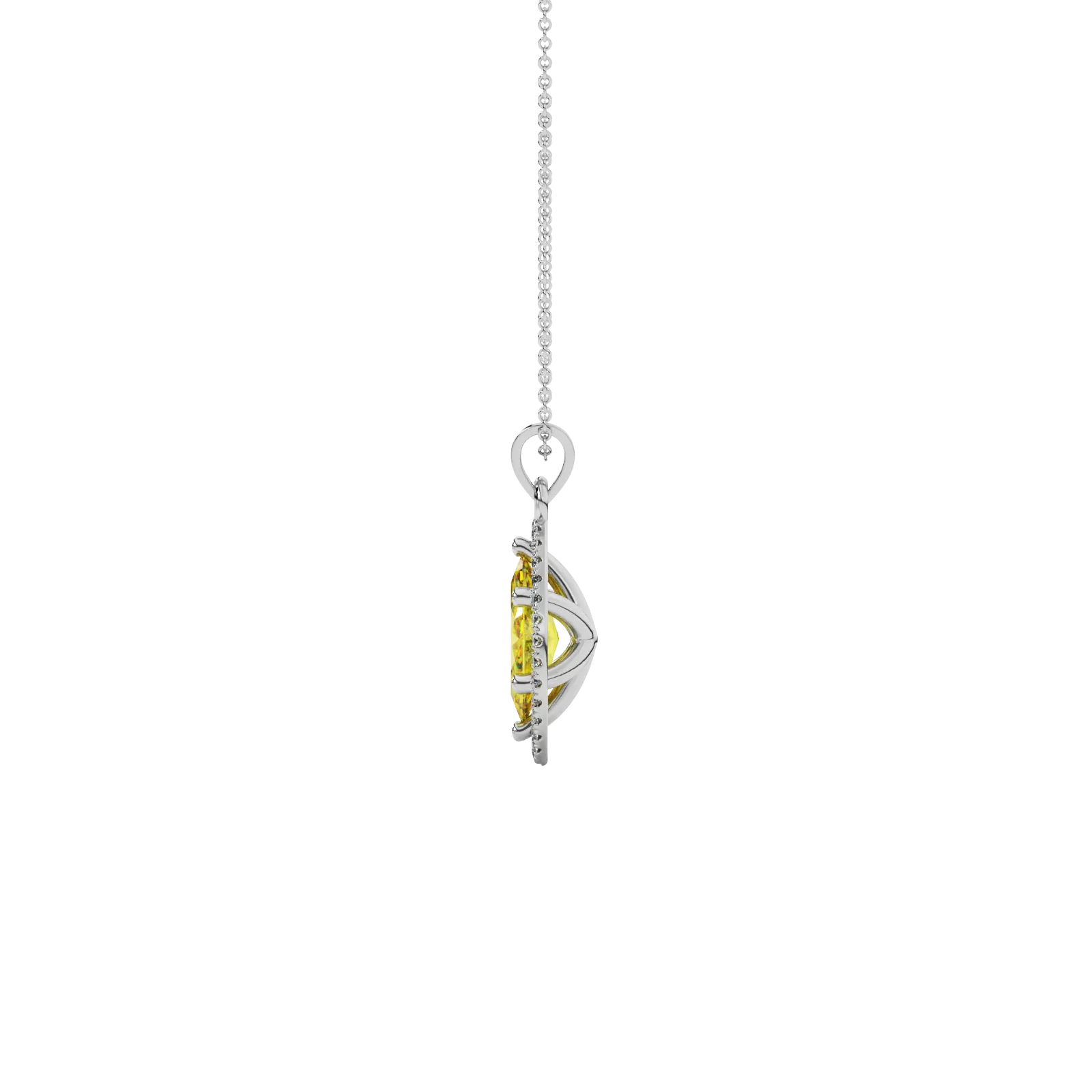 Side profile, white gold canary yellow pendant, French pavé halo gallery.