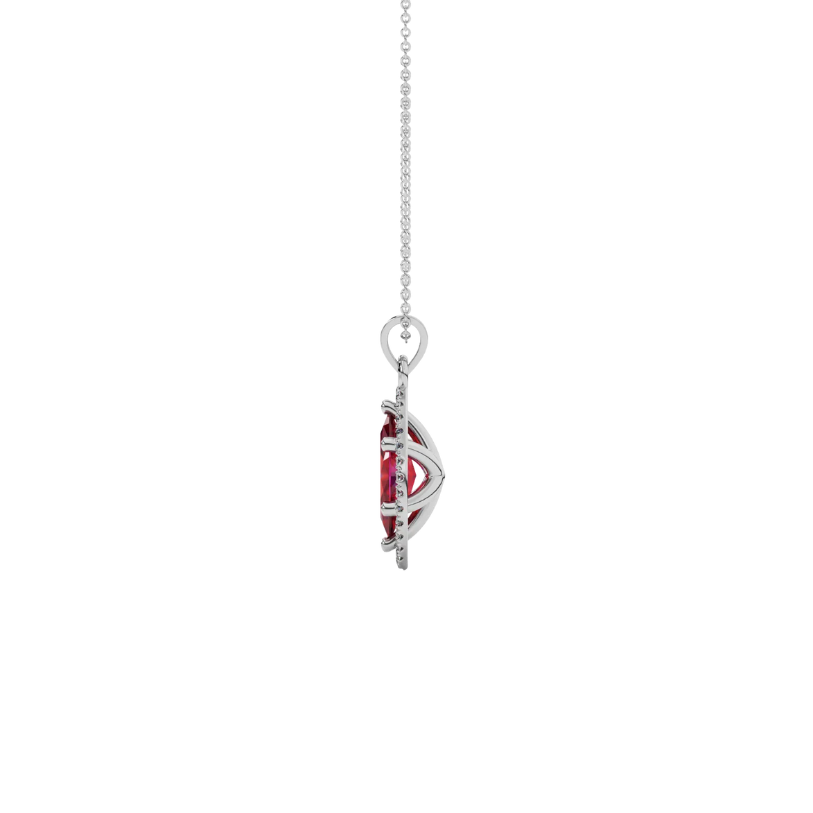 Side profile, white gold raspberry red pendant, French pavé halo gallery.
