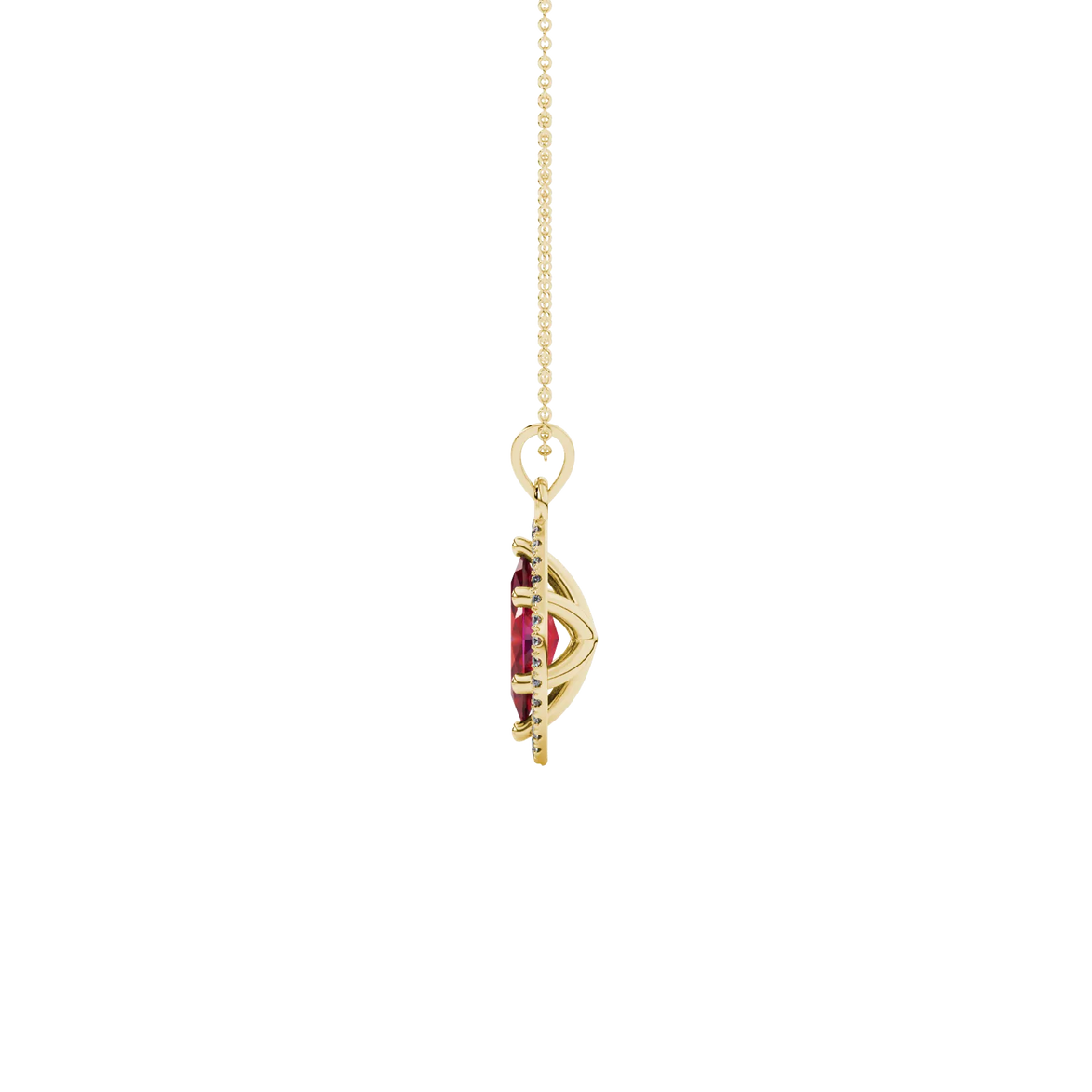 Side profile, yellow gold raspberry red pendant, French pavé halo gallery.