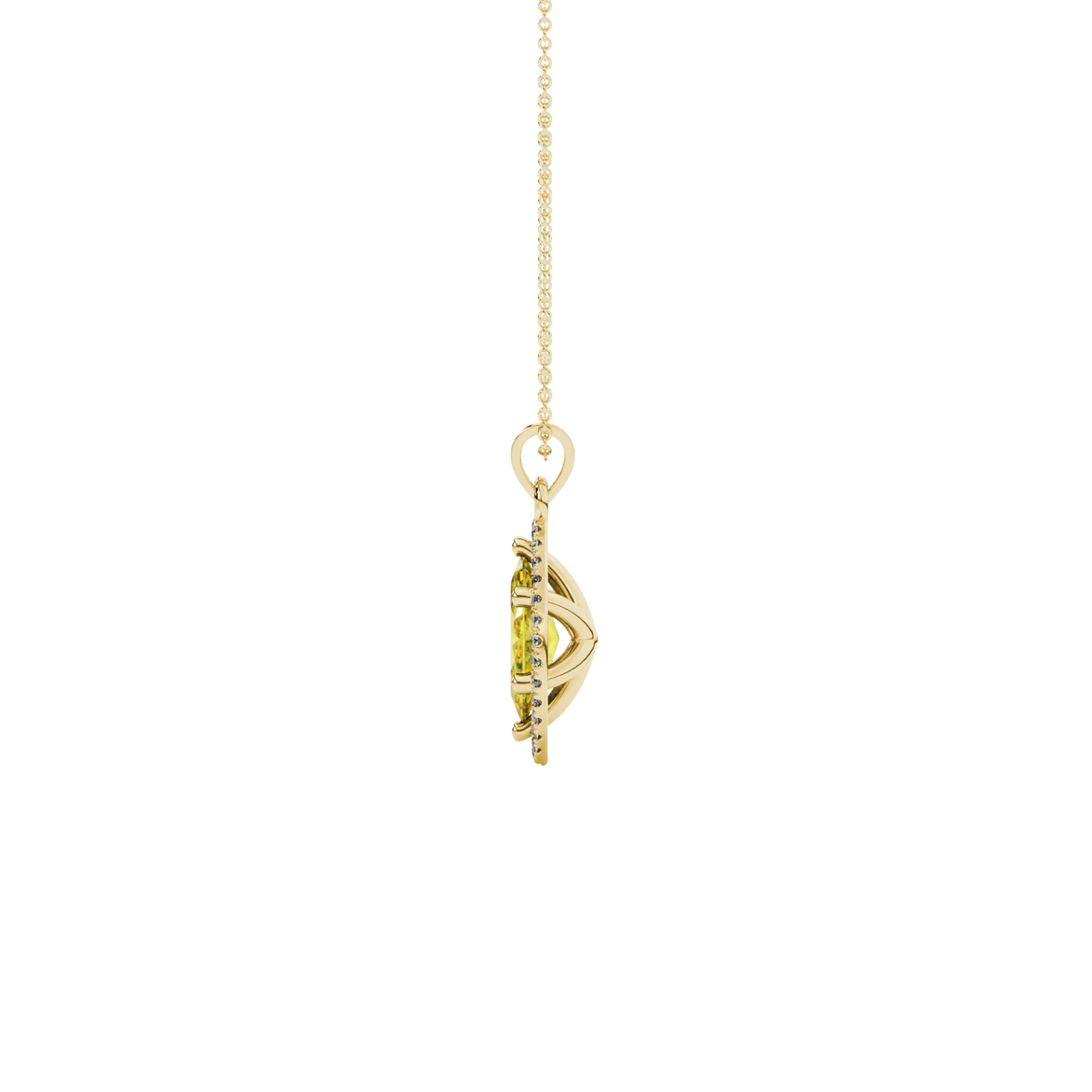 Side profile, yellow gold canary yellow pendant, French pavé halo gallery.