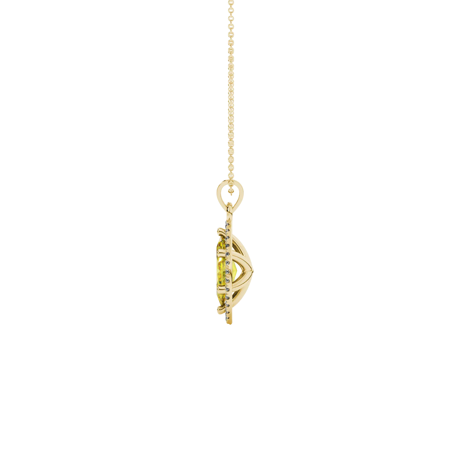 Side profile, yellow gold canary yellow pendant, French pavé halo gallery.