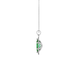 Side profile, white gold emerald green pendant, French pavé halo gallery.