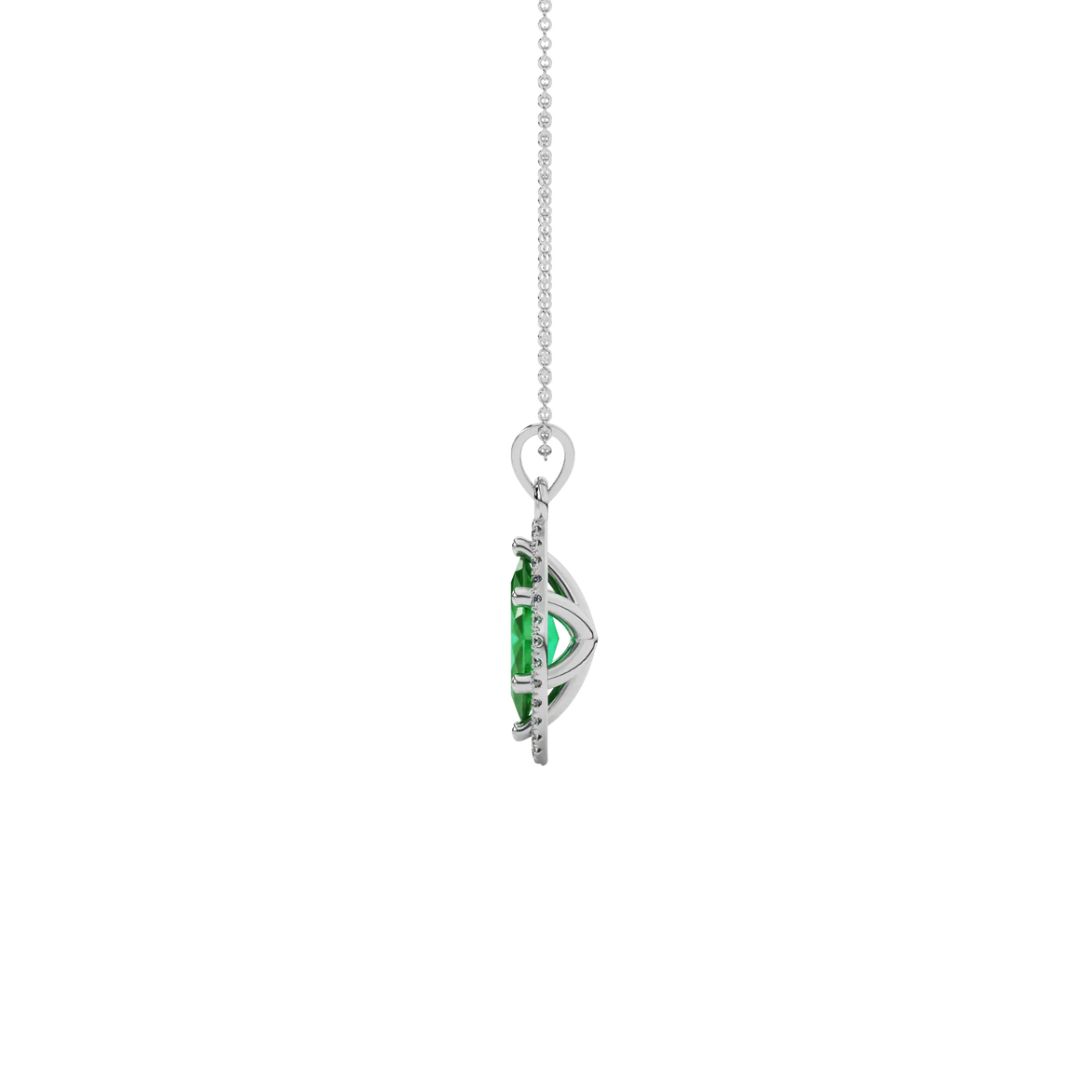 Side profile, white gold emerald green pendant, French pavé halo gallery.