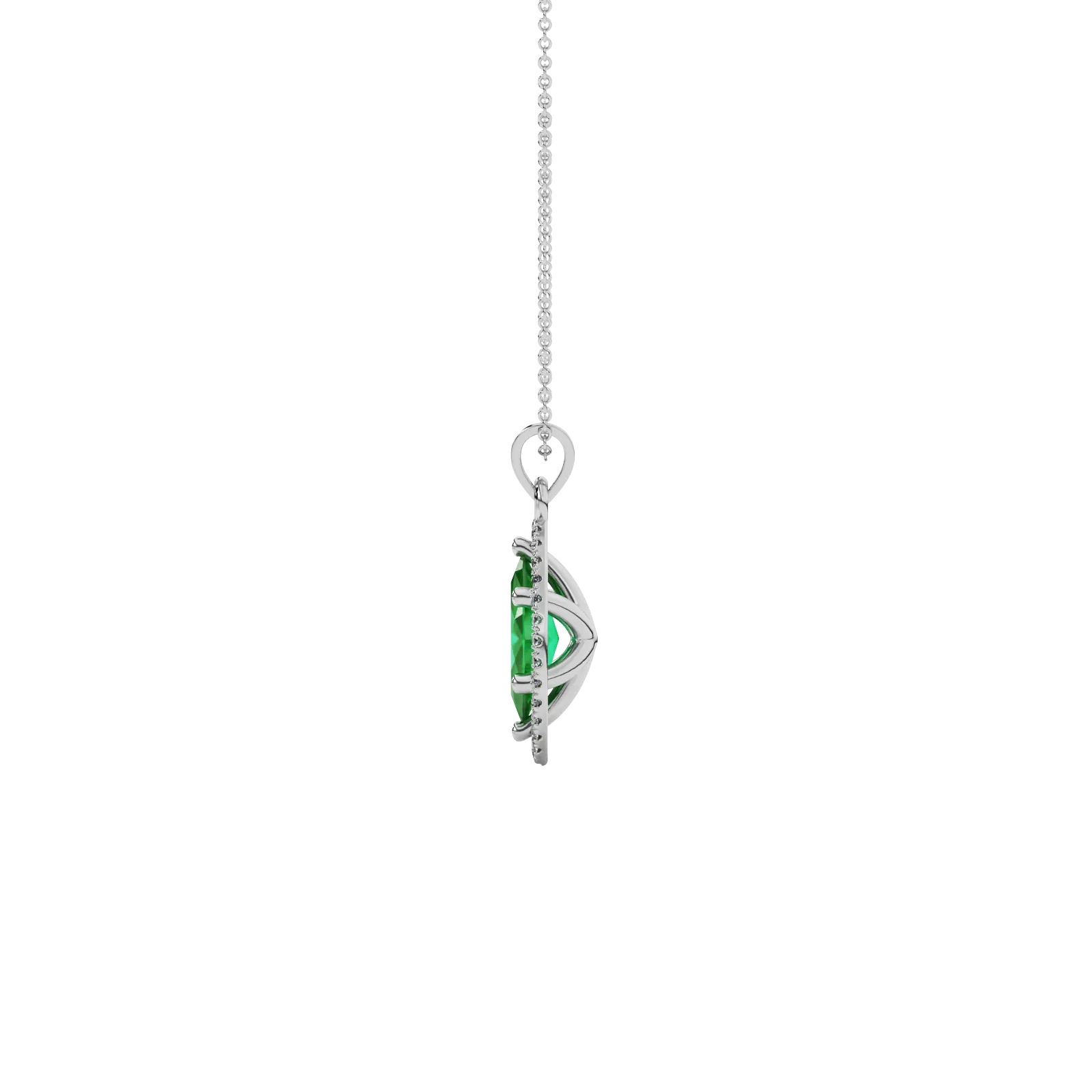 Side profile, white gold emerald green pendant, French pavé halo gallery.