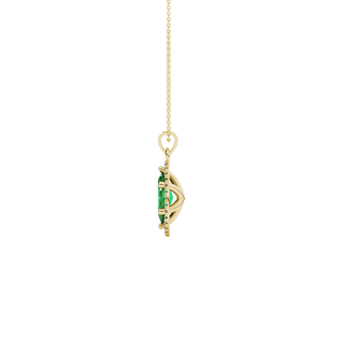 Side profile, yellow gold emerald green pendant, French pavé halo gallery.