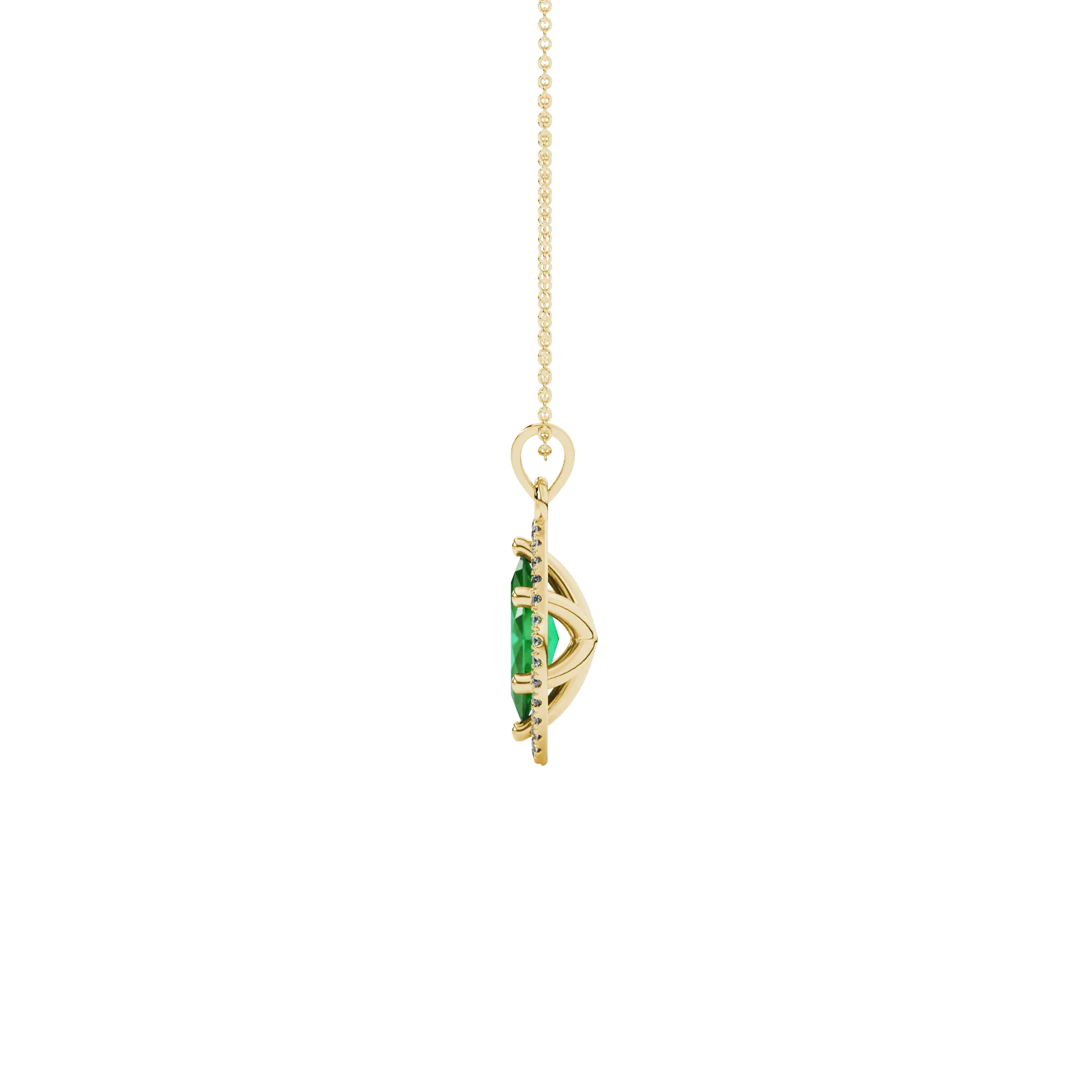 Side profile, yellow gold emerald green pendant, French pavé halo gallery.