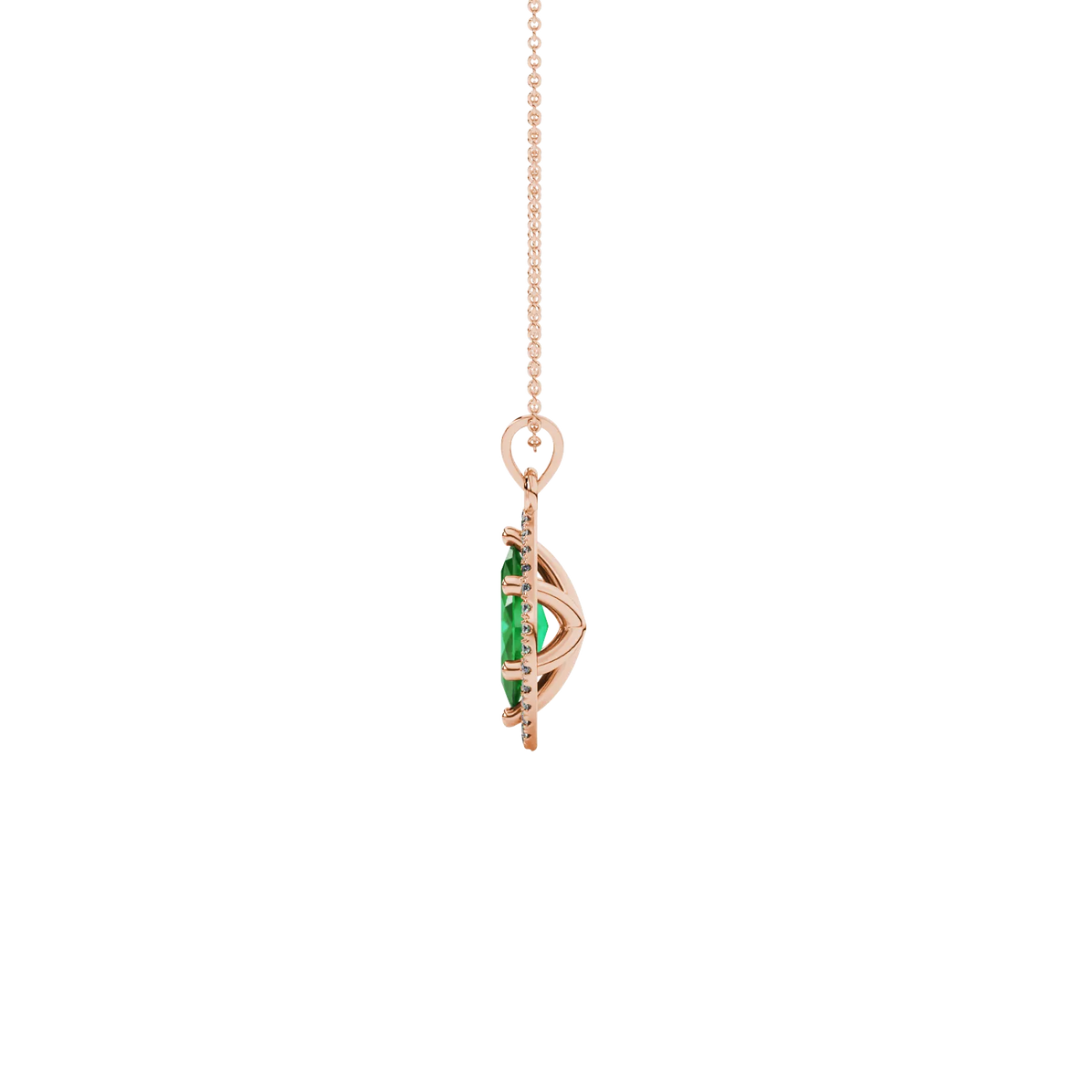 Side profile, rose gold emerald green pendant, French pavé halo gallery.
