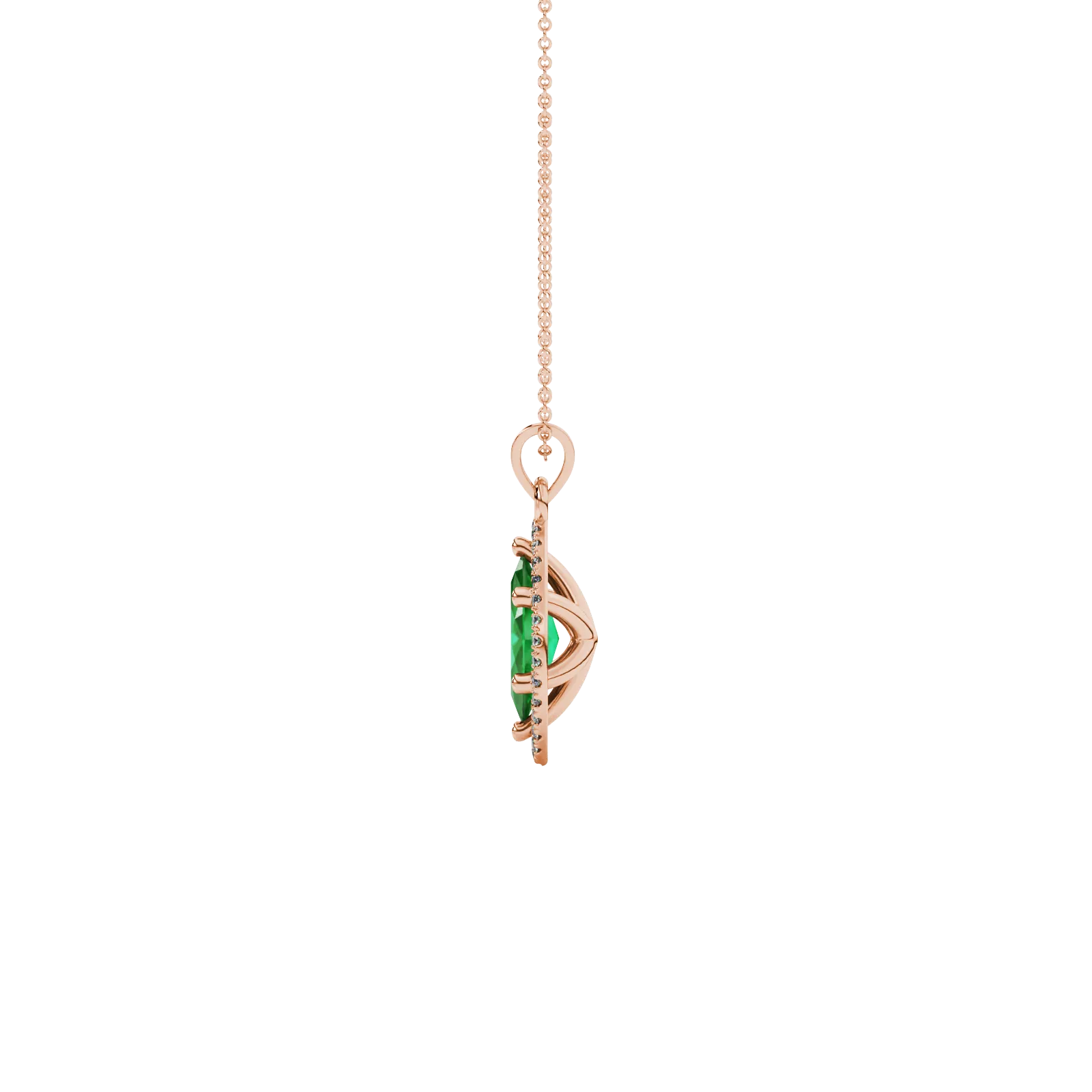 Side profile, rose gold emerald green pendant, French pavé halo gallery.