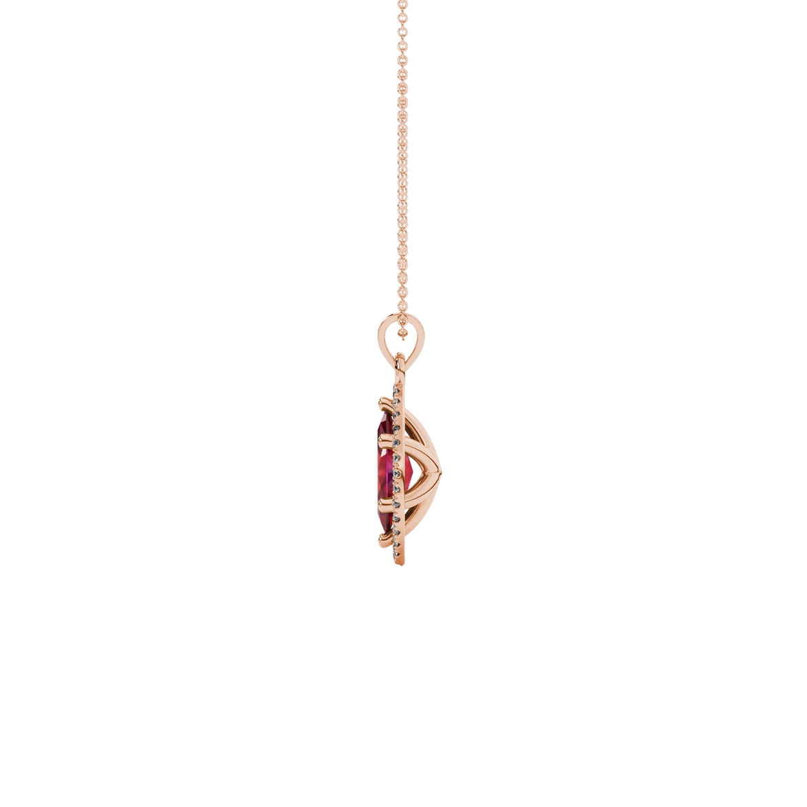 Side profile, rose gold raspberry red pendant, French pavé halo gallery.