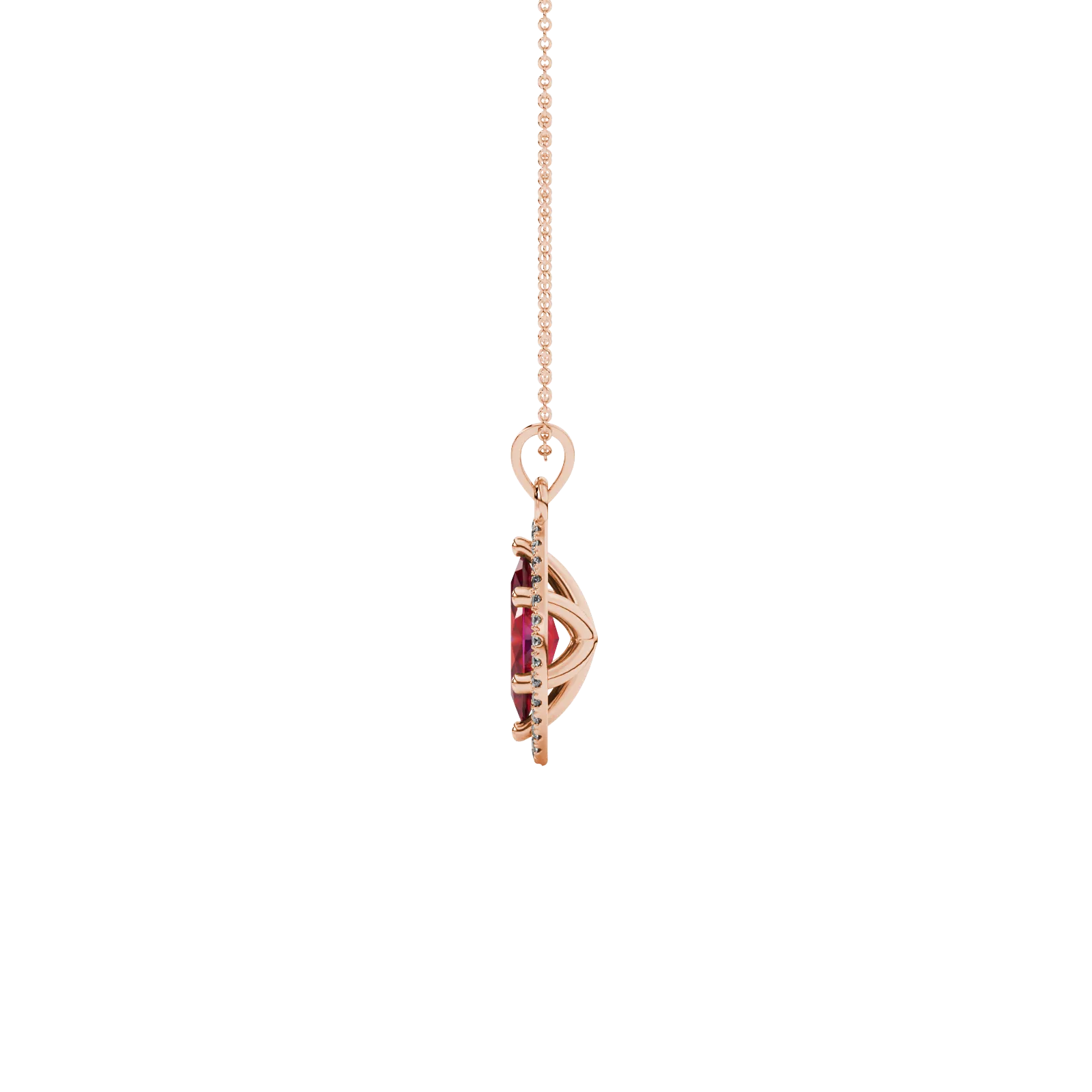 Side profile, rose gold raspberry red pendant, French pavé halo gallery.