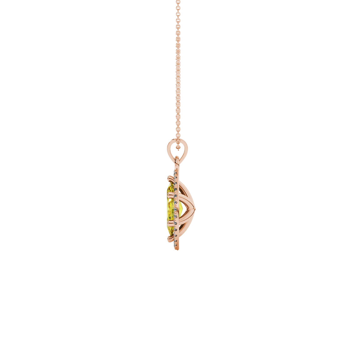 Side profile, rose gold canary yellow pendant, French pavé halo gallery.