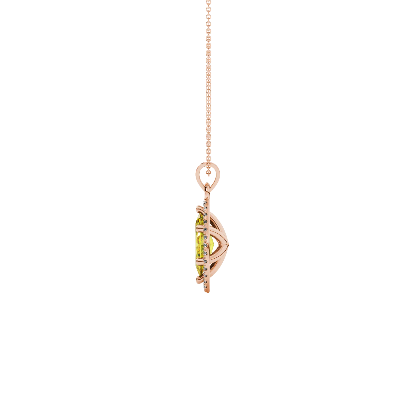 Side profile, rose gold canary yellow pendant, French pavé halo gallery.
