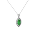 Close-up marquise cut emerald green gemstone, white gold French pavé halo.