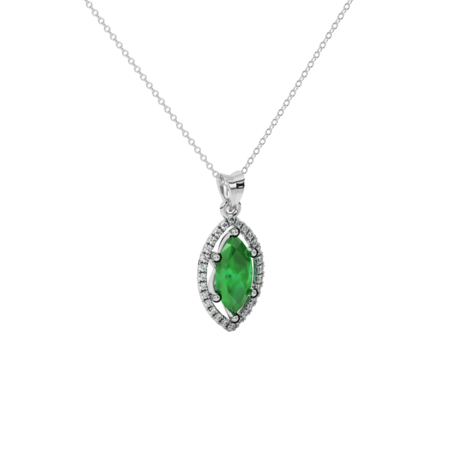 Close-up marquise cut emerald green gemstone, white gold French pavé halo.