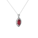 Close-up marquise cut raspberry red gemstone, white gold French pavé halo.