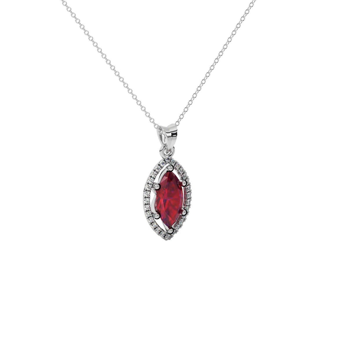 Close-up marquise cut raspberry red gemstone, white gold French pavé halo.