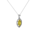 Close-up marquise cut canary yellow gemstone, white gold French pavé halo.