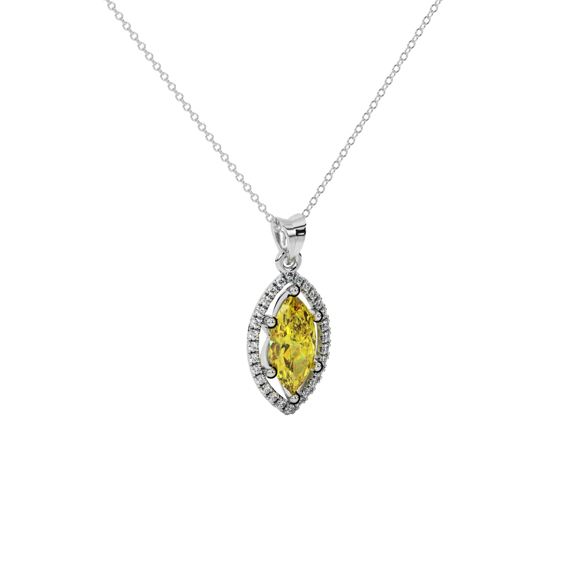 Close-up marquise cut canary yellow gemstone, white gold French pavé halo.