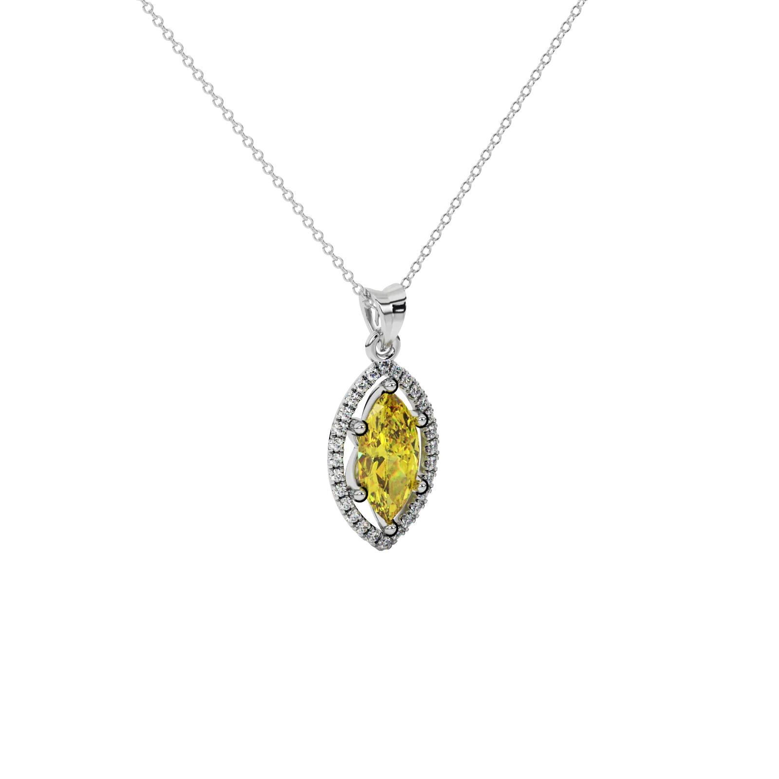 Close-up marquise cut canary yellow gemstone, white gold French pavé halo.