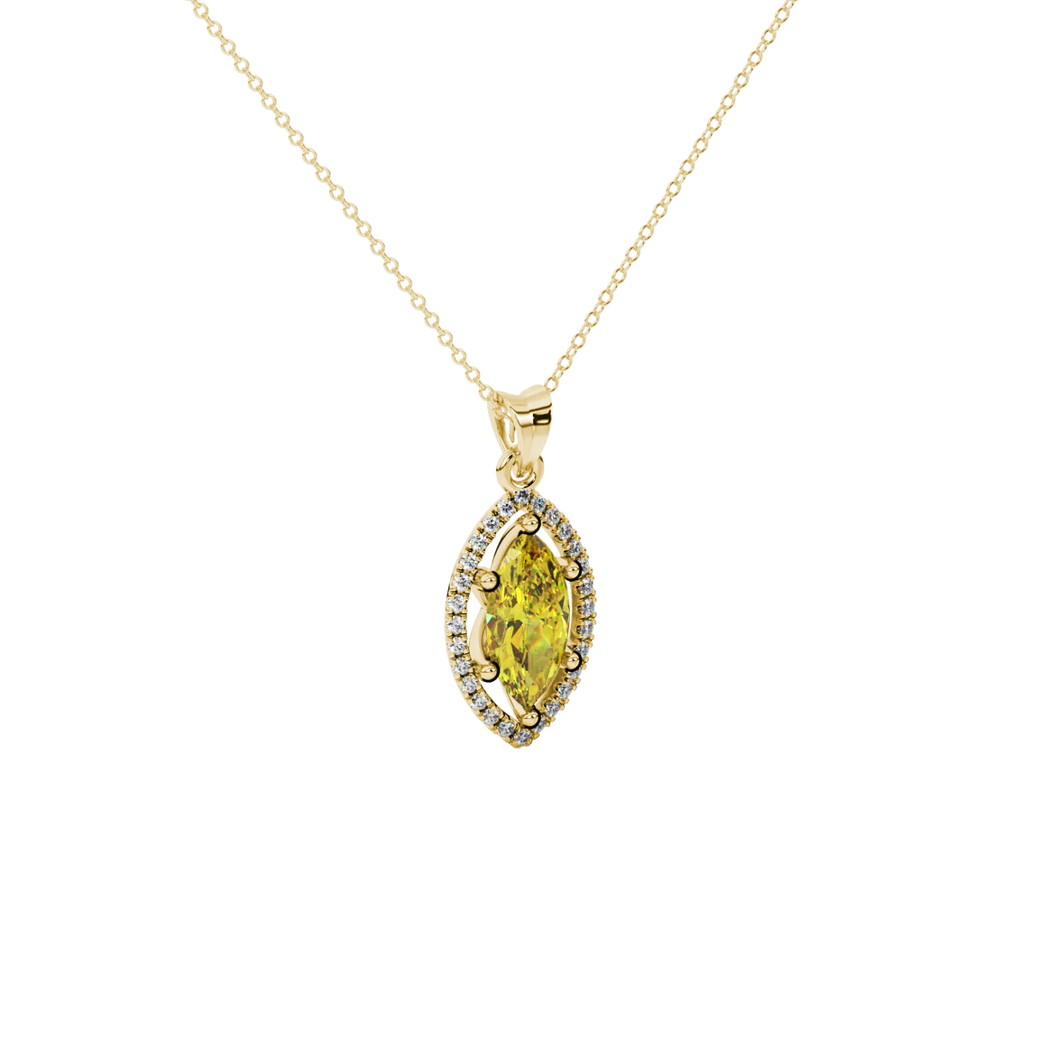 Close-up, marquise cut canary yellow gemstone, yellow gold French pavé halo pendant.