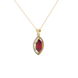 Close-up, marquise cut raspberry red gemstone, yellow gold French pavé halo pendant