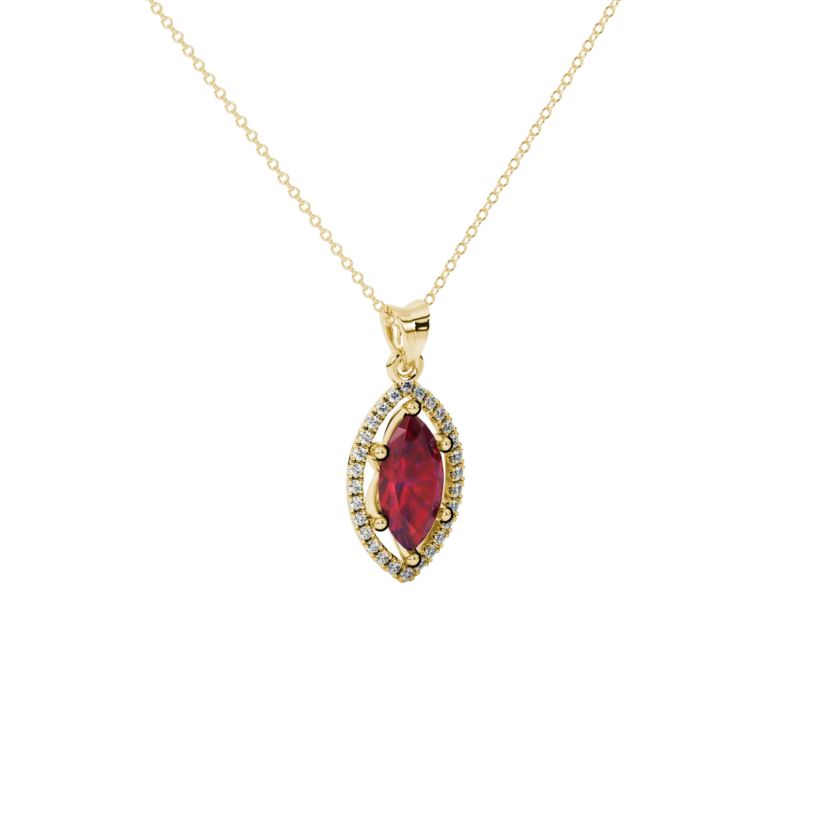 Close-up, marquise cut raspberry red gemstone, yellow gold French pavé halo pendant