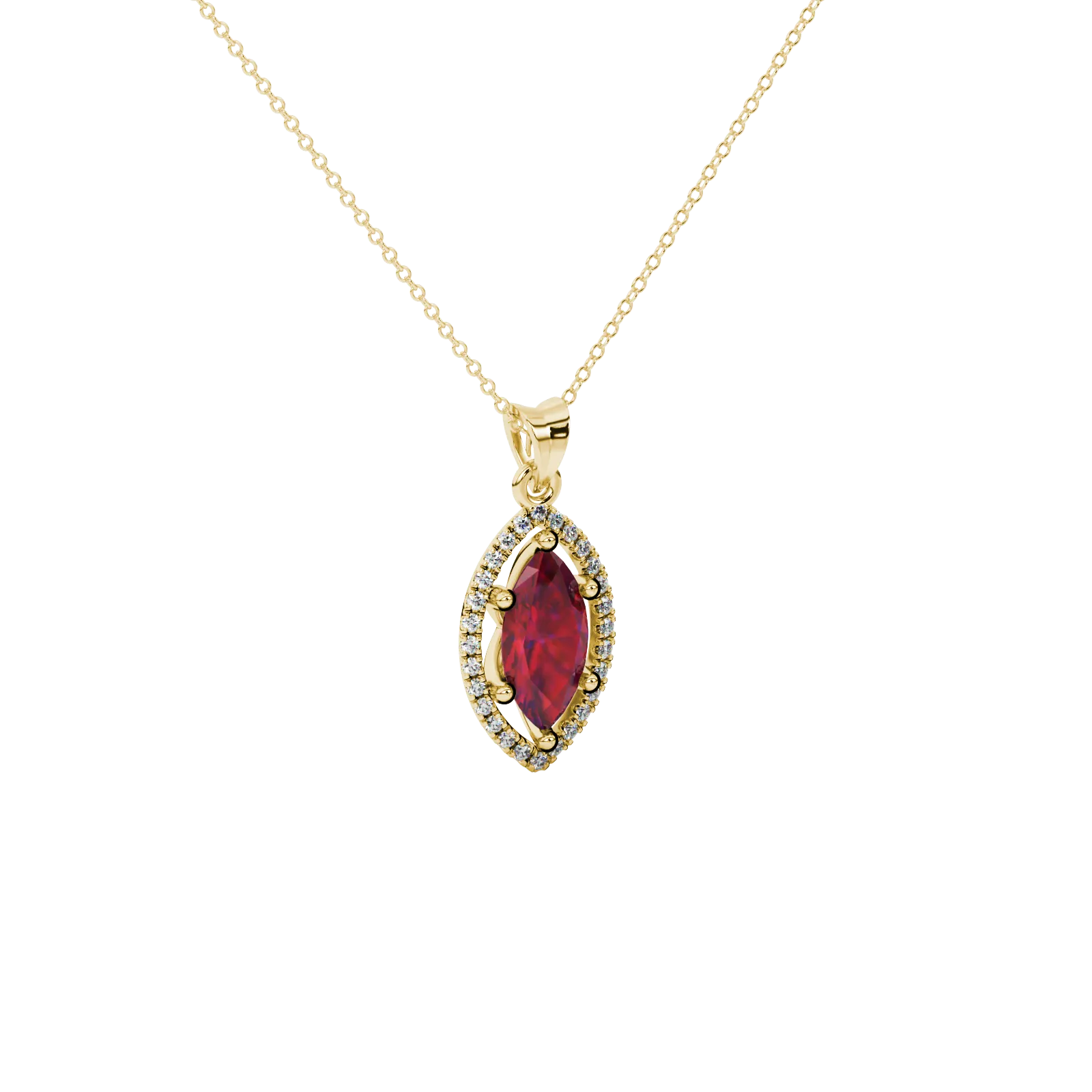 Close-up, marquise cut raspberry red gemstone, yellow gold French pavé halo pendant