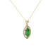 Close-up, marquise cut emerald green gemstone, yellow gold French pavé halo pendant.