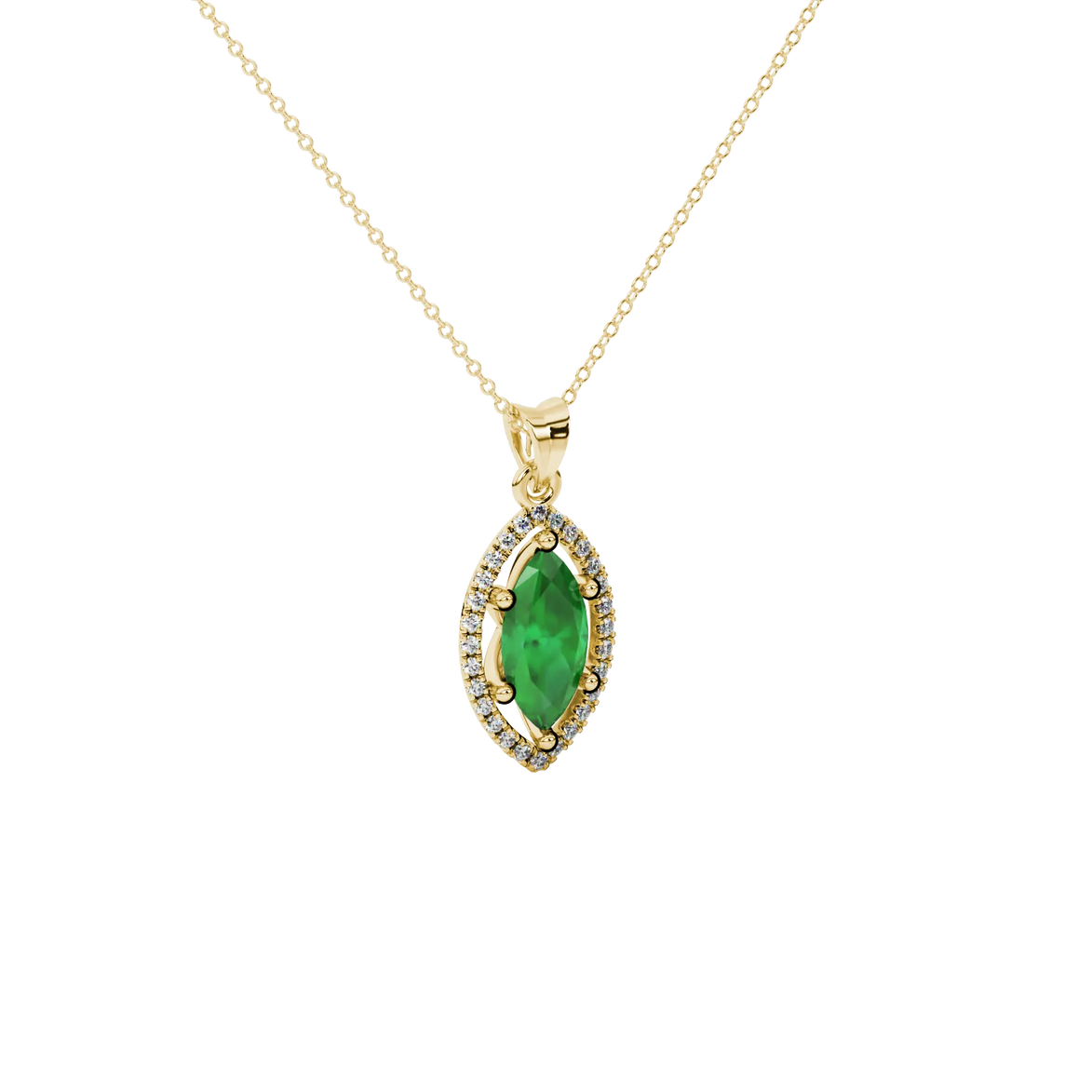 Close-up, marquise cut emerald green gemstone, yellow gold French pavé halo pendant.