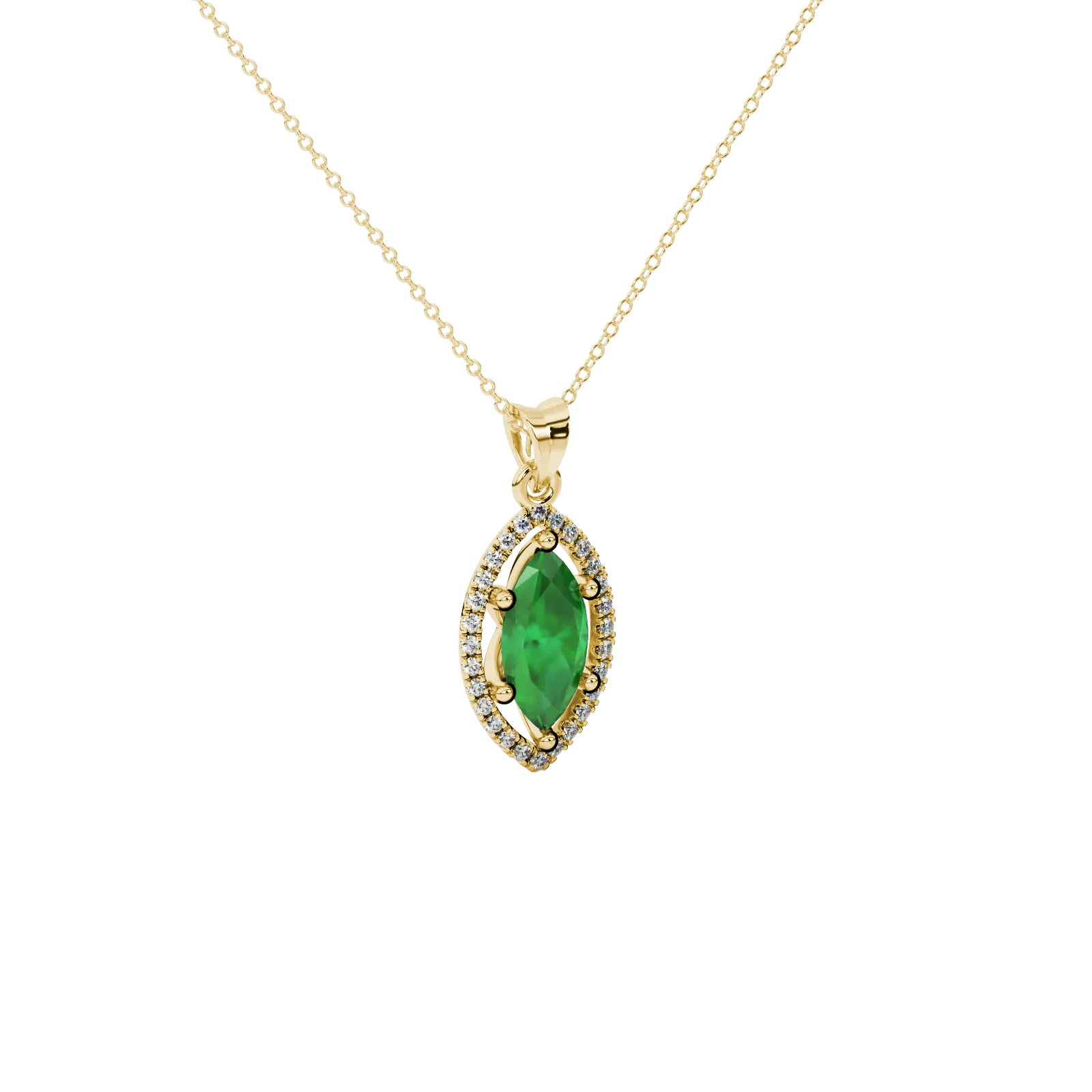 Close-up, marquise cut emerald green gemstone, yellow gold French pavé halo pendant.