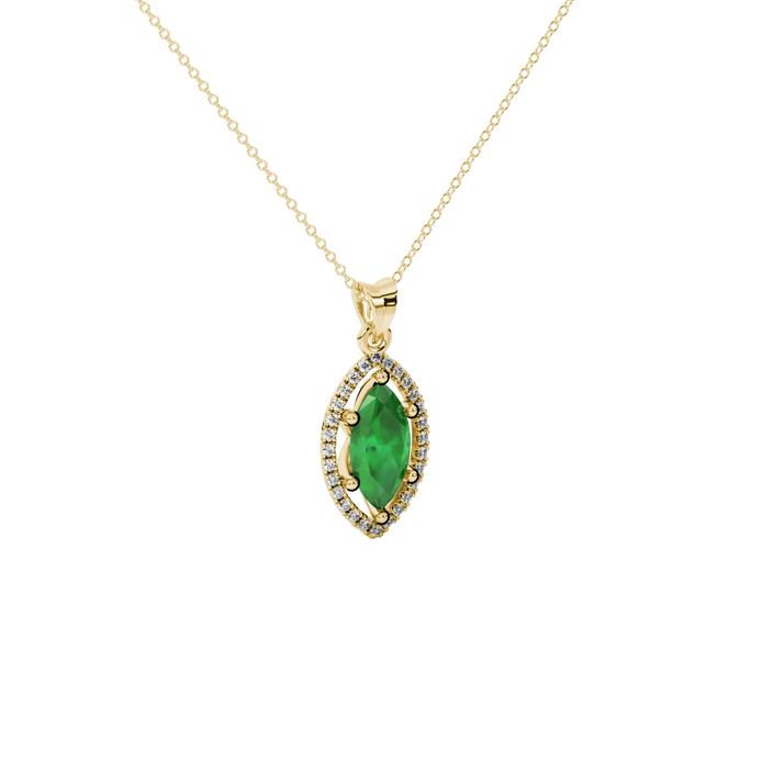 Close-up, marquise cut emerald green gemstone, yellow gold French pavé halo pendant.