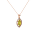 Close-up, marquise cut canary yellow gemstone pendant, rose gold French pavé halo.