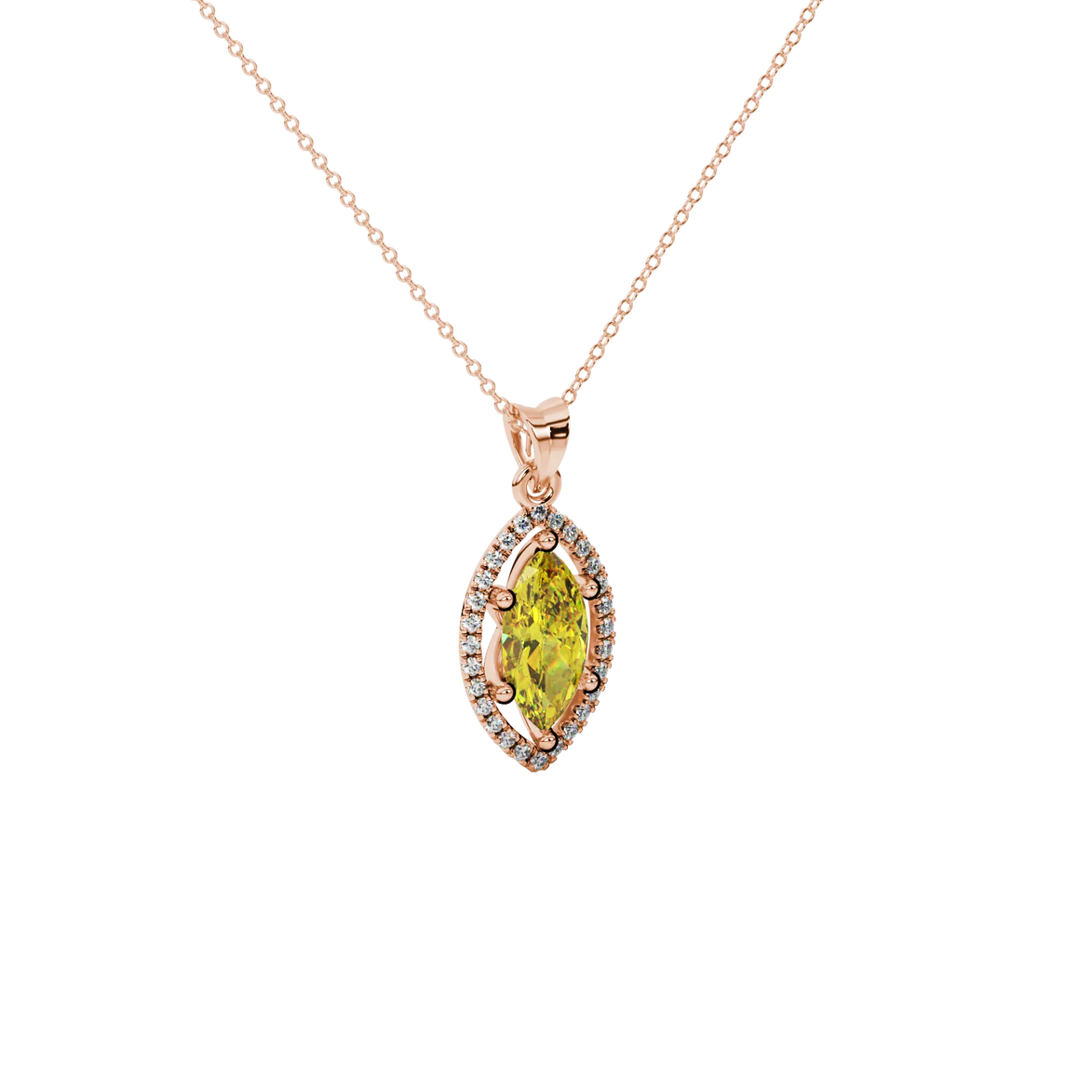 Close-up, marquise cut canary yellow gemstone pendant, rose gold French pavé halo.
