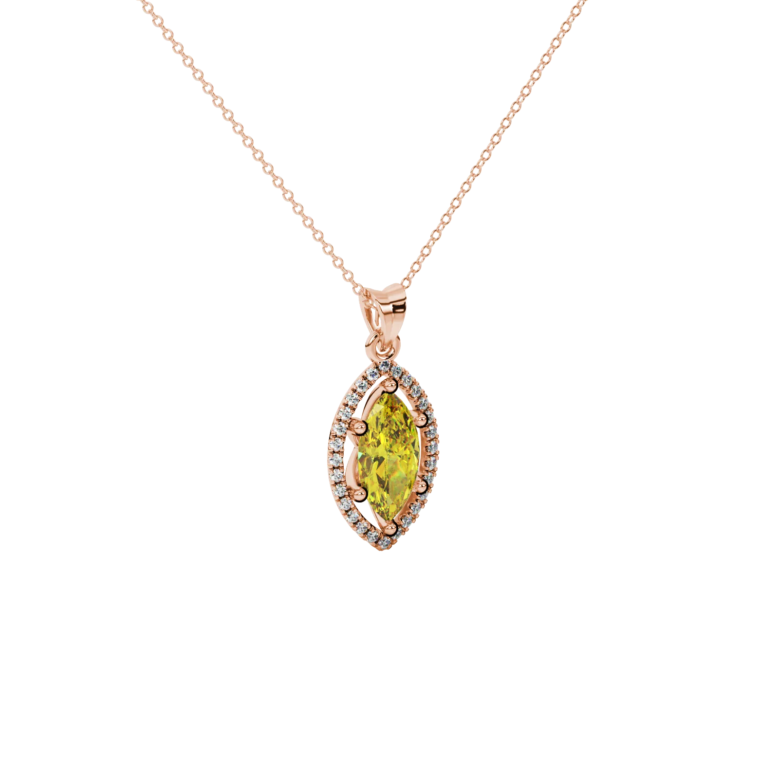 Close-up, marquise cut canary yellow gemstone pendant, rose gold French pavé halo.