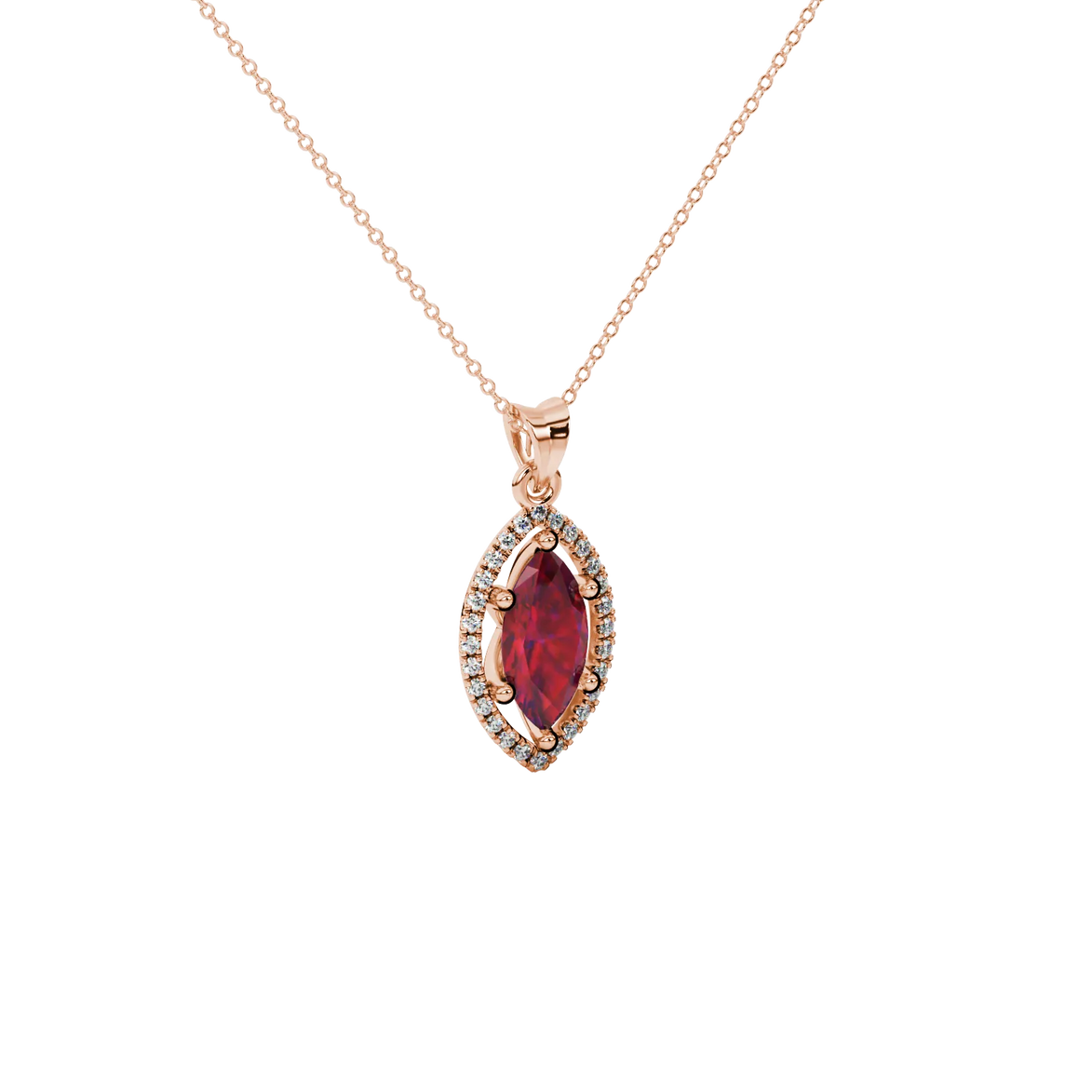 Close-up, marquise cut raspberry red gemstone pendant, rose gold French pavé halo.