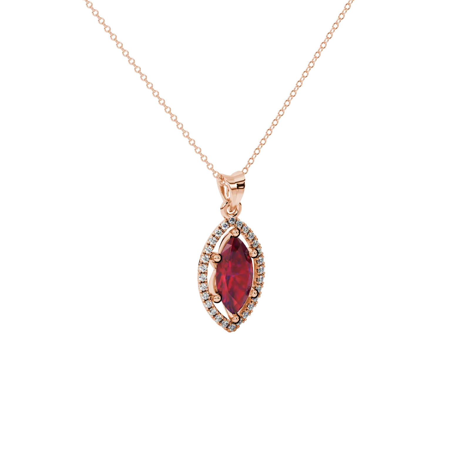 Close-up, marquise cut raspberry red gemstone pendant, rose gold French pavé halo.