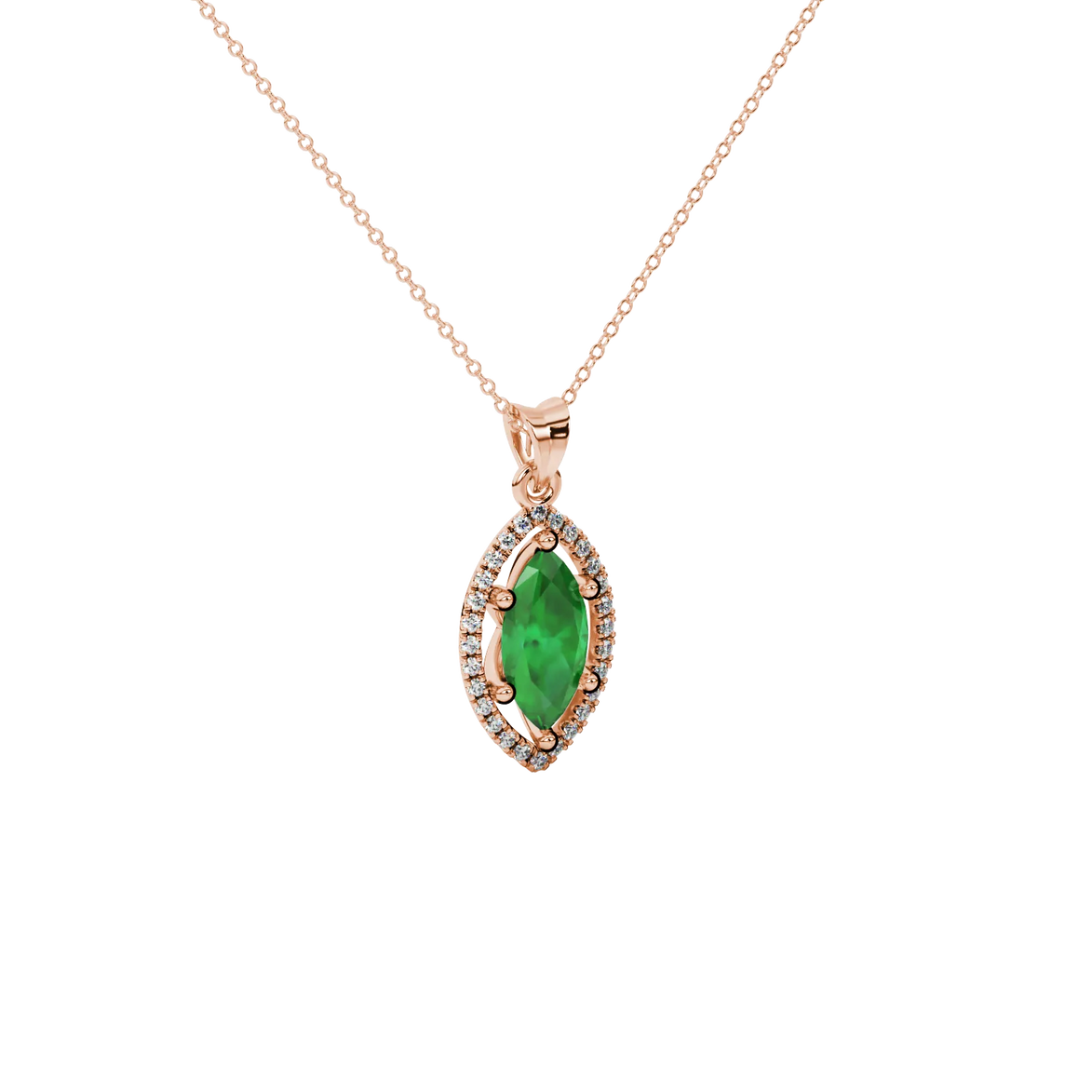 Close-up, marquise cut emerald green gemstone pendant, rose gold French pavé halo.