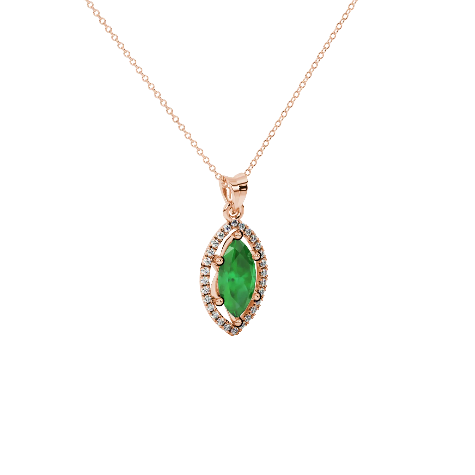Close-up, marquise cut emerald green gemstone pendant, rose gold French pavé halo.