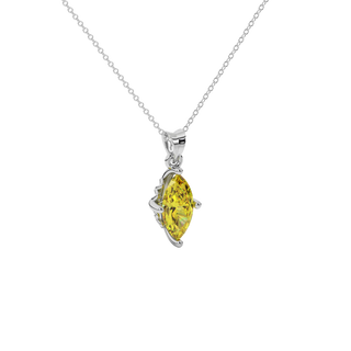 Close-up marquise cut canary yellow gemstone, white gold lotus basket.